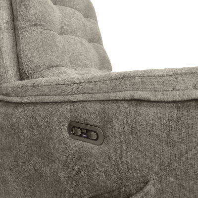 Sofá cinzento com painel de controlo embutido lateral