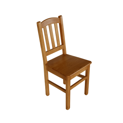 Cadeira de madeira natural com encosto de ripas verticais.