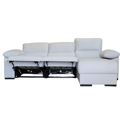 Sofá com assentos reclináveis cinza claro e chaise longue