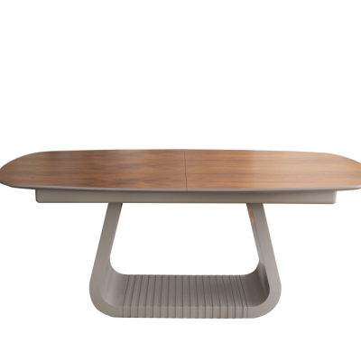 Mesa de centro oval em madeira castanha com base branca moderna