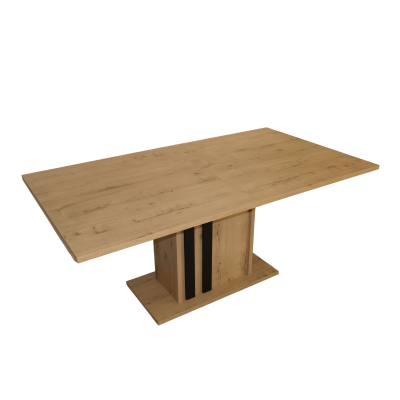 Mesa de jantar extensível de madeira castanho claro com detalhes pretos