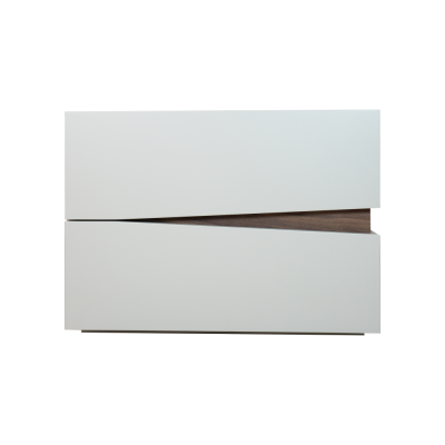 Móvel com duas gavetas brancas e interior de madeira castanha