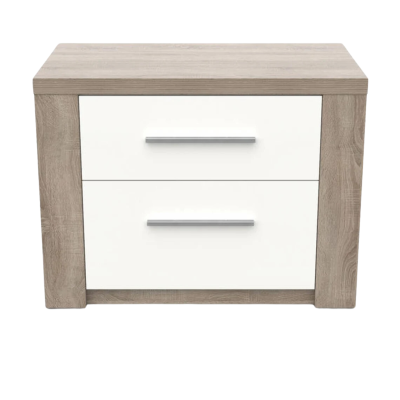 Mesa de cabeceira madeira castanha clara com duas gavetas brancas e puxadores metálicos