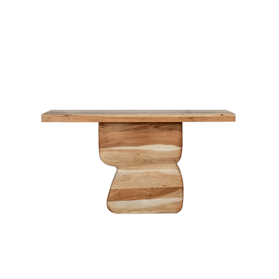 Mesa de centro em madeira com base arredondada e tampo retangular