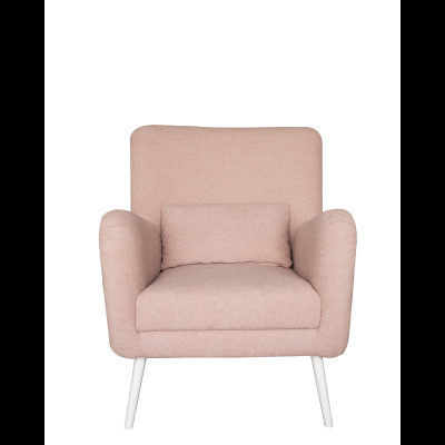Poltrona rosa claro estofada com almofada e pernas brancas