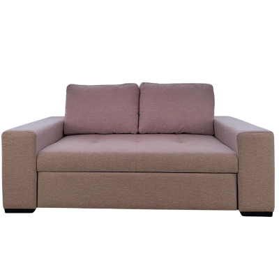 Sofá de dois lugares em tecido cor rosa claro com braços largos