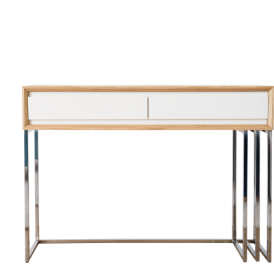 Mesa de apoio com estrutura metálica cromada e tampo em madeira clara com duas gavetas brancas