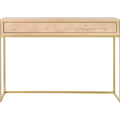 Secretária em madeira clara com estrutura metálica dourada e um único caixão