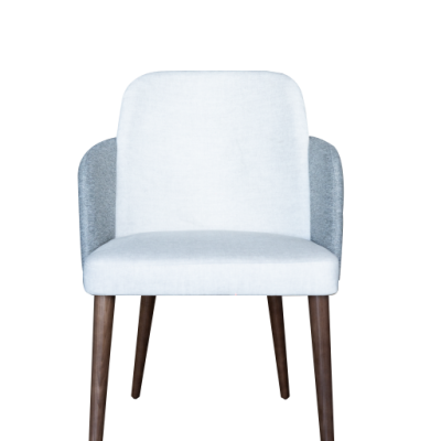 Cadeira estofada branca e cinzenta com patas de madeira escura