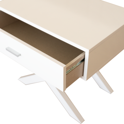 Mesa de centro branca com gaveta aberta e pernas inclinadas