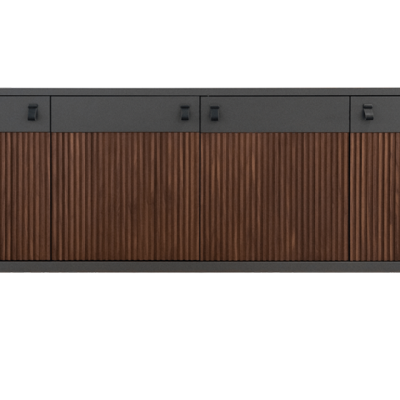 Aparador moderno com portas em madeira castanha e estrutura preta fosca