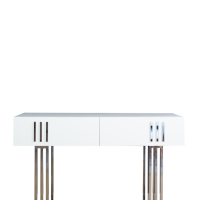 Secretária branca com gavetas e pernas cromadas