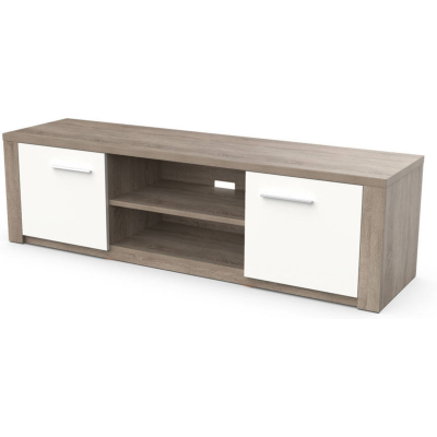 Móvel para TV em madeira castanho claro com portas brancas e puxadores prateados