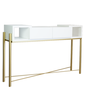 Aparador branco com estrutura metálica dourada e gavetas abertas