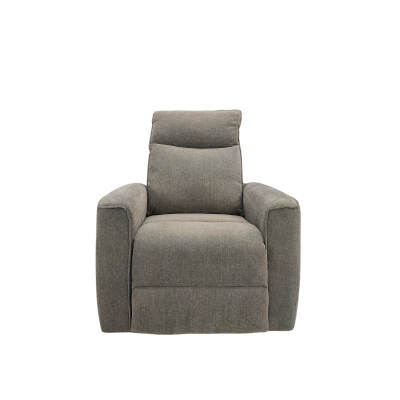 Poltrona reclinável cinza de tecido com braços largos e encosto almofadado