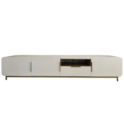 Móvel de TV baixo creme com linhas verticais e base dourada