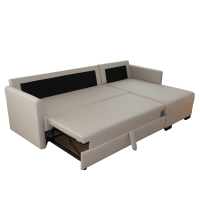 Sofá-cama modular bege com assento extenso e detalhe preto nas costas