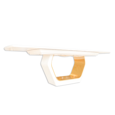 Mesa moderna branca e dourada com base geométrica aberta