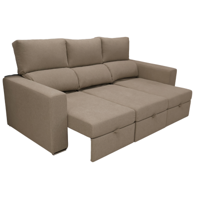 Sofá cama retrátil castanho claro com três encostos almofadados