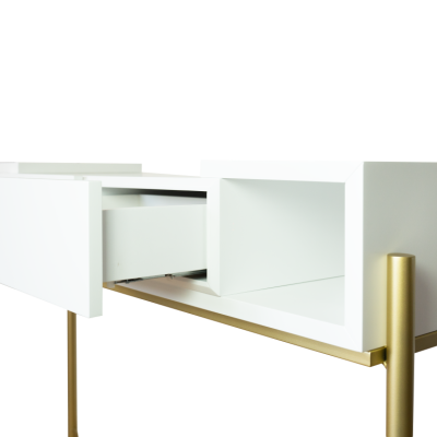 Móvel moderno branco com gaveta aberta e pernas douradas
