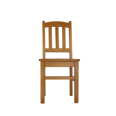 Cadeira de madeira natural com encosto de ripas verticais e assento plano