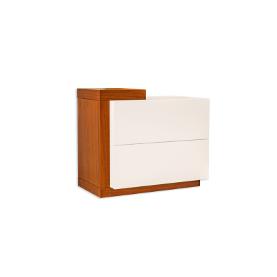 Móvel de apoio em madeira castanha com duas gavetas brancas