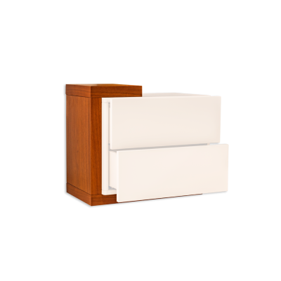 Mesa de cabeceira de madeira com duas gavetas brancas, fundo preto