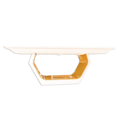 Mesa moderna branca com base dourada em vidro