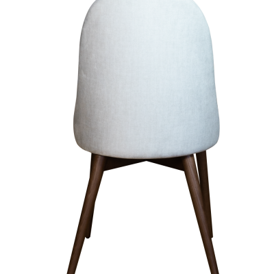 Cadeira estofada cinzento claro com pernas de madeira escura vista de costas