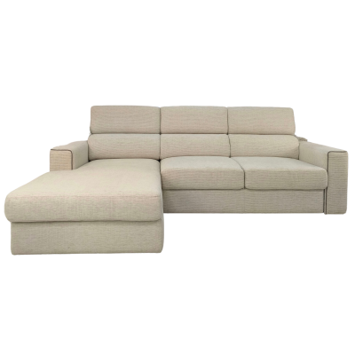 Sofá chaise longue bege claro em tecido com apoio de braços almofadados