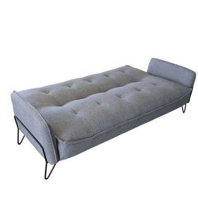 Sofá-cama cinza claro estofado com pernas metálicas pretas.