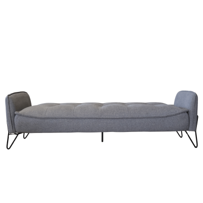 Sofá-cama cinza com apoios laterais e pernas metálicas pretas