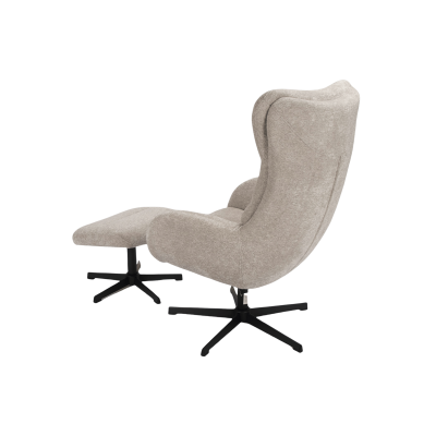 Cadeira de descanso cinzenta com apoio de pés e base giratória preta