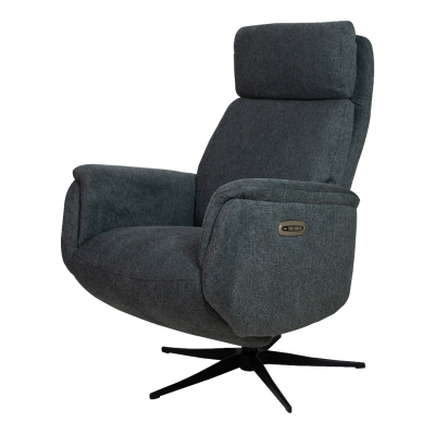 Poltrona reclinável cinzenta escura com base metálica preta e controlo elétrico lateral