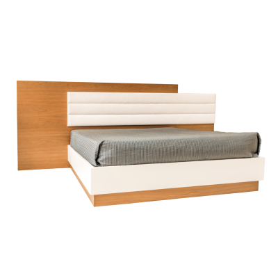 Cama moderna com cabeceira estofada branca e estrutura em madeira clara