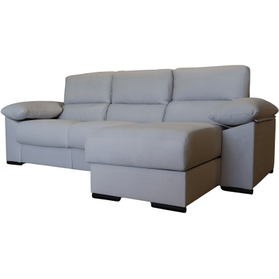 Sofá de canto cinzento claro em tecido com almofadas largas nos braços