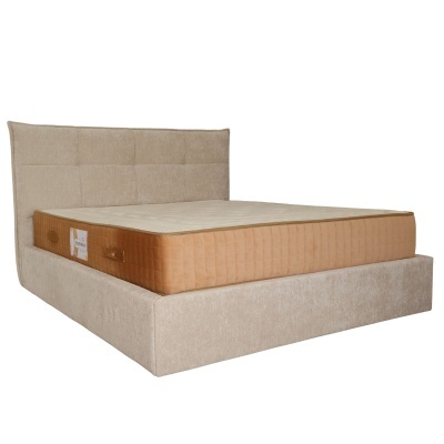 Cama de casal estofada beige com colchão bege e castanho com etiqueta ERGO ZELUX