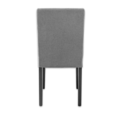 Cadeira com estofado cinzento e pernas em madeira escura