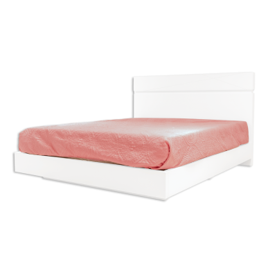 Cama de casal branca com colchão rosa sobre fundo preto