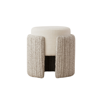 Pufe redondo branco com revestimento texturizado bege