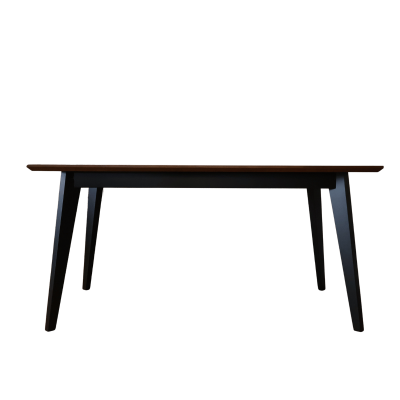 Mesa retangular com tampo castanho escuro e pernas pretas
