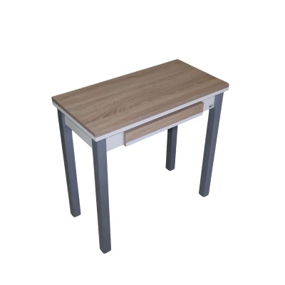 Mesa pequena com tampo de madeira clara e pernas cinza