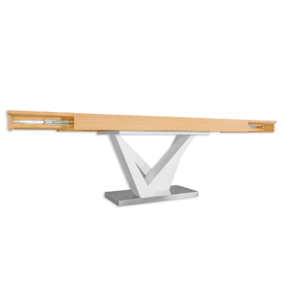 Mesa extensível de madeira clara com base branca e cinza