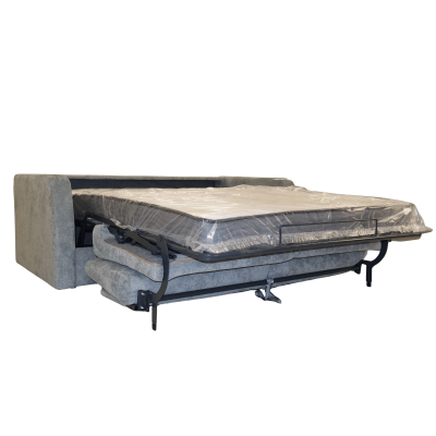 Sofá-cama cinzento com colchão embalar em plástico