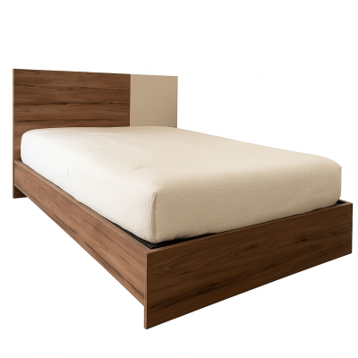 Cama de madeira castanha com cabeceira castanha e bege e colchão branco