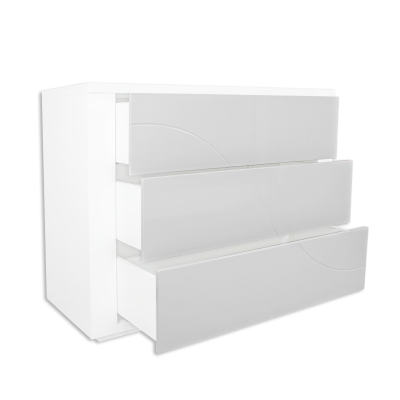 Cômoda branca de três gavetas em material lacado com design minimalista