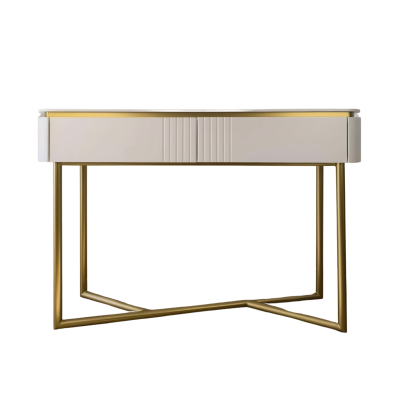 Consola moderna com estrutura metálica dourada e tampo cinza claro