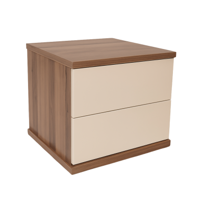 Móvel de apoio quadrado com duas gavetas bege e estrutura em madeira carvalho