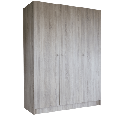 Guarda-roupa de três portas em madeira clara com puxadores simples