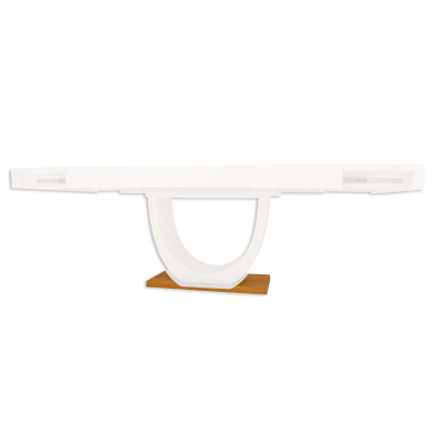 Mesa de jantar moderna com tampo branco e base em U branca apoiada numa base de madeira clara